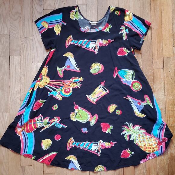 Vintage 90s Tropical Drinks Trapeze Swing Short Sleeve Mini Dress Colorful - Picture 6 of 14